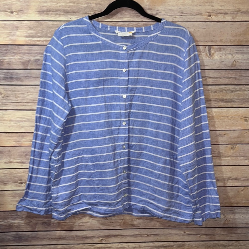 C&C California Blue & White Striped Button-Front Top linen